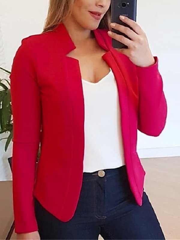 Women's V Neck Jacket Short Solid Colored Daily Basic White Black Red Yellow / Stand Collar / Work