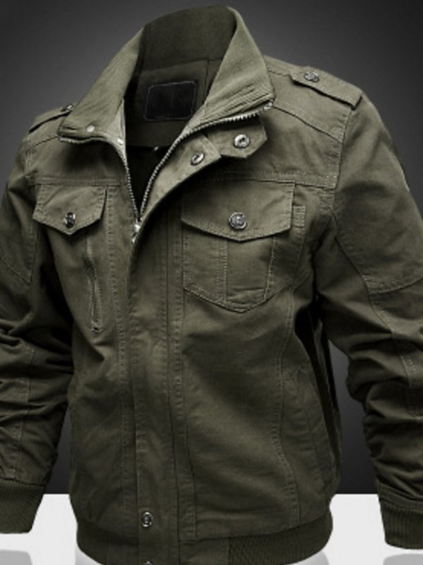 Men's Stand Collar Jacket Regular Solid Colored Daily Long Sleeve Cotton Black Army Green Sports