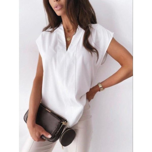 Elegant V-Neck White Plain Blouse