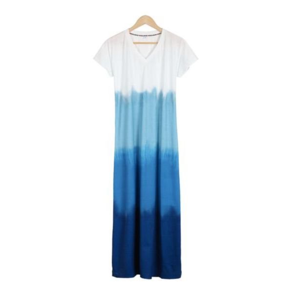 Unique Gradient Print Thigh-High Side Slit Short Sleeve Maxi Dress