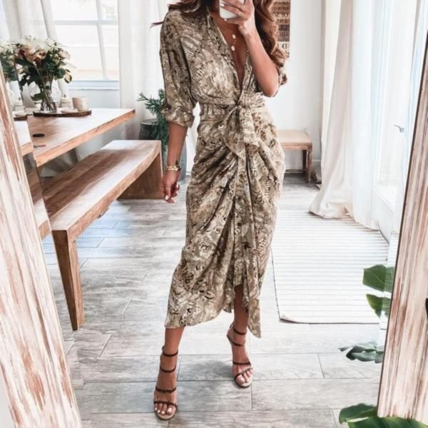 Distinctive Print 3/4 Sleeve Maxi Dress With Belt