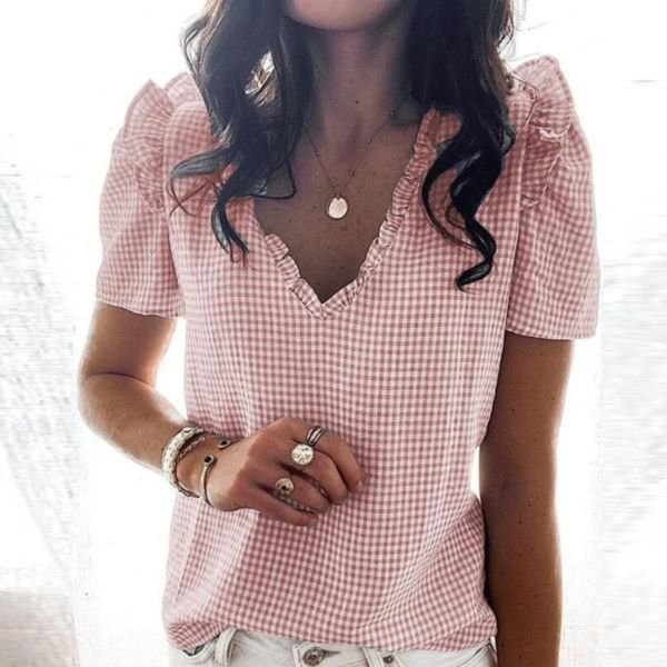 Classy Plaid Print Short Sleeve Blouse