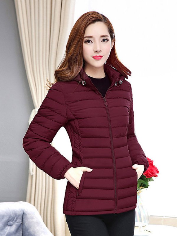 Zipper Hoodie High Neck Puffer Outerwear Jacket Burgundy