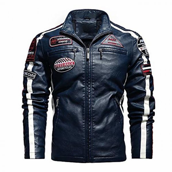 Men's Thermal Fleece Lined Patchwork Moto Racer Leather Jacket