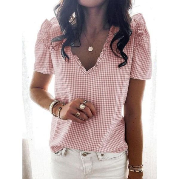 Classy Plaid Print Short Sleeve Blouse