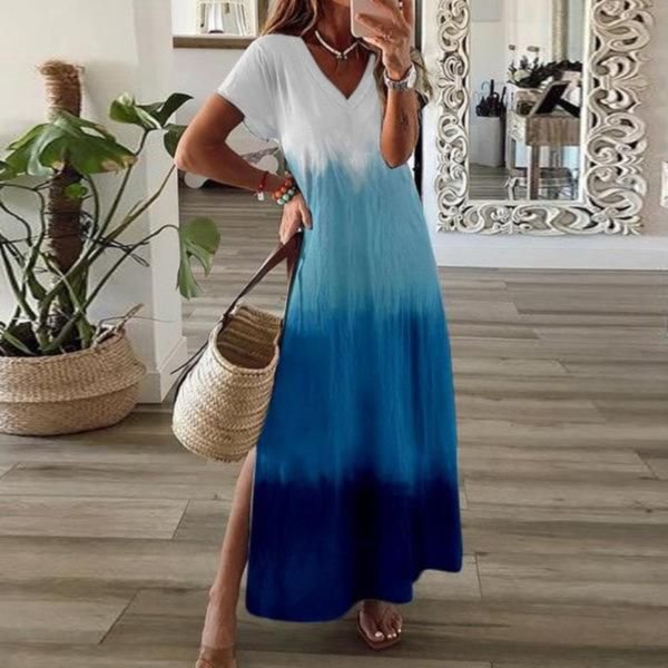 Unique Gradient Print Thigh-High Side Slit Short Sleeve Maxi Dress