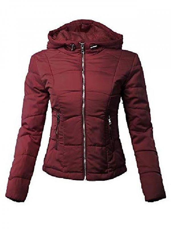 Zipper Hoodie High Neck Puffer Outerwear Jacket Burgundy