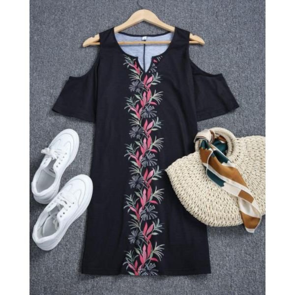 Chic Black Cold Shoulder Short Sleeve Printed Mini Dress